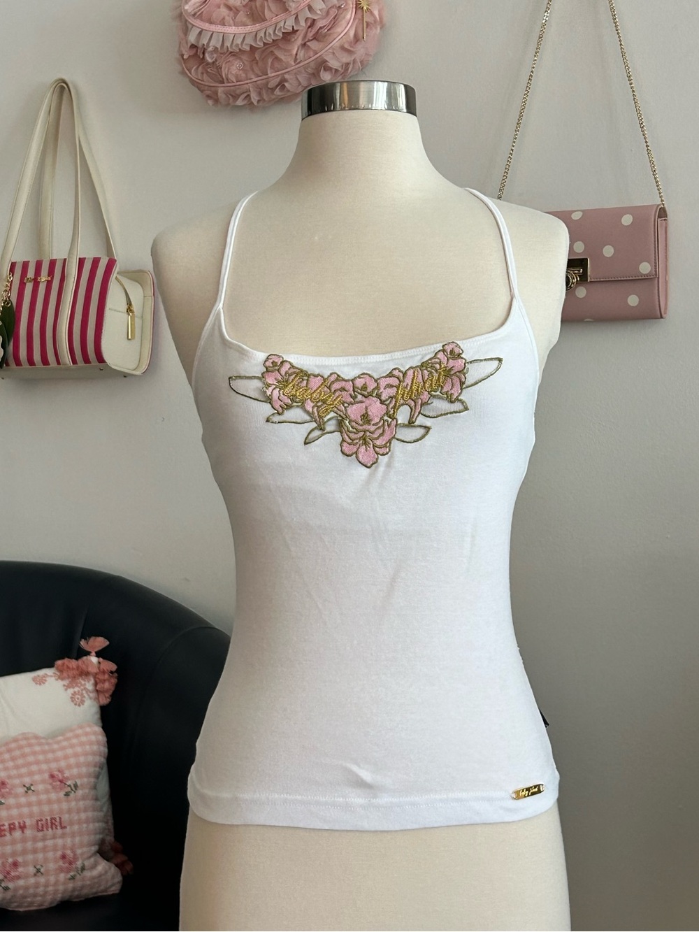 Baby Phat Vintage Y2K Sparkle White Floral Embroidered Tank Top